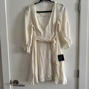 Lulus Plunge Neckline Mini Dress Ivory Self Tie V-Back Zip Belle Sleeve Sz M